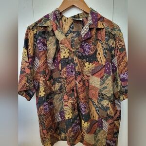 Sara Stephen Vintage Polyester Hawaiian Blouse Floral Geometrical Sz L